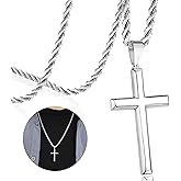 Cameido 925 Sterling Silver Cross Pendant Necklace for Men Women with 3.5mm Stainless Steel Clasp Rope Twist Chain 18K White Gold Plated Highly Polished 16-28 Inches