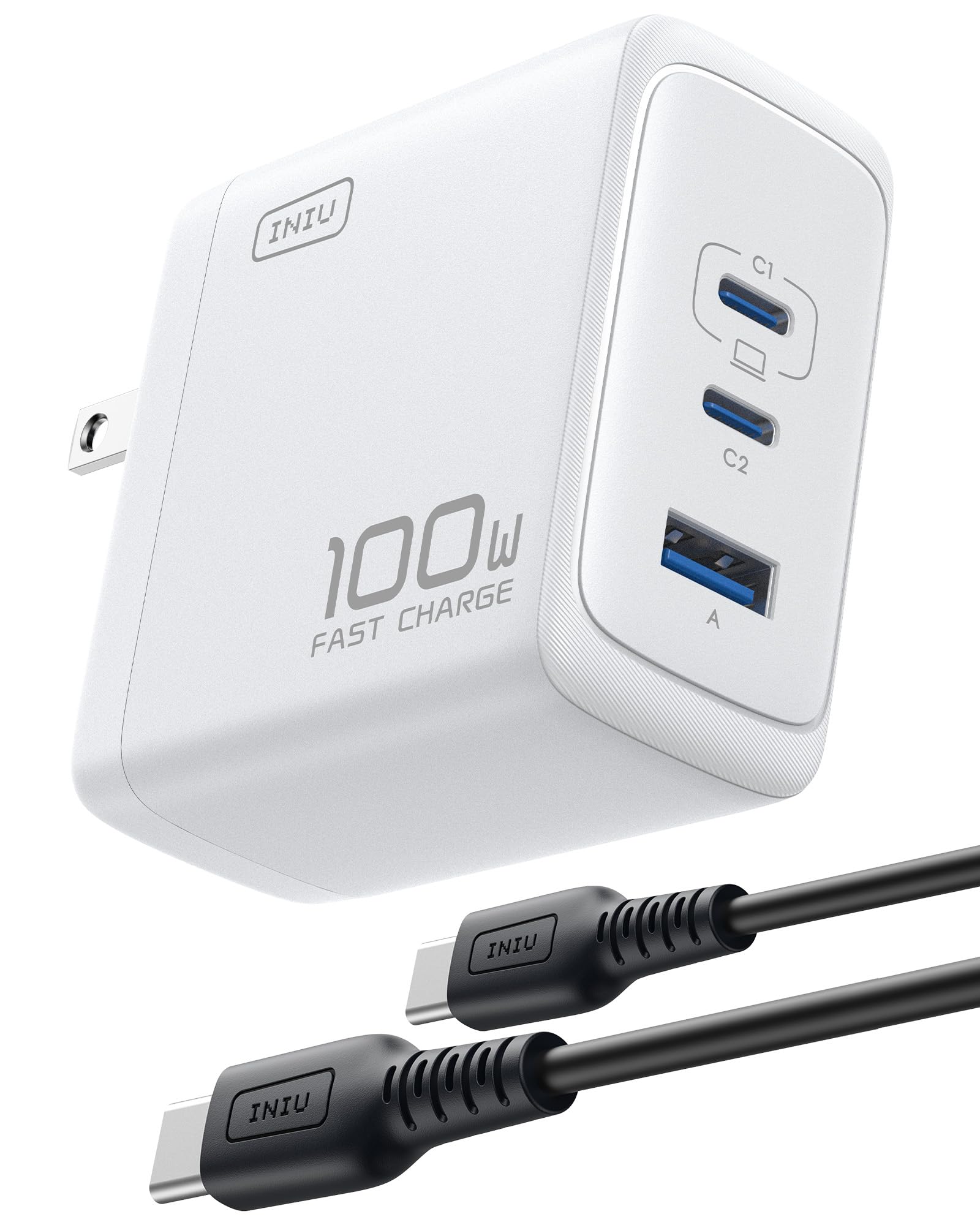 INIU iPhone 17 Charger, 3-Port 100W [USB-C + USB-A] Fast Charger, Compact Foldable USBC Cargador for iPhone 17 16, MacBook Air, IPad, Samsung S25, Switch, Students, Kid, Backpacking, Hiking etc Image