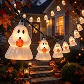 Halloween Decoration Ghost String Lights, 8.5Ft 10 LED Ghost Lights Plug in | 4.8W 120V, Warm White Glow, UL Listed &amp; IP44 Waterproof, Hanging Connectable for Home Porch Garden Window Decor, Black Wire