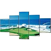 Pebble Beach Golf Course-California, USA Wall Art Canvas Prints Wall Decor Picture 5 Panel Blue Sky Sea Golf Course Coast Decorations for Home Office Framed Stretched Ready to Hang(60''Wx32''H)