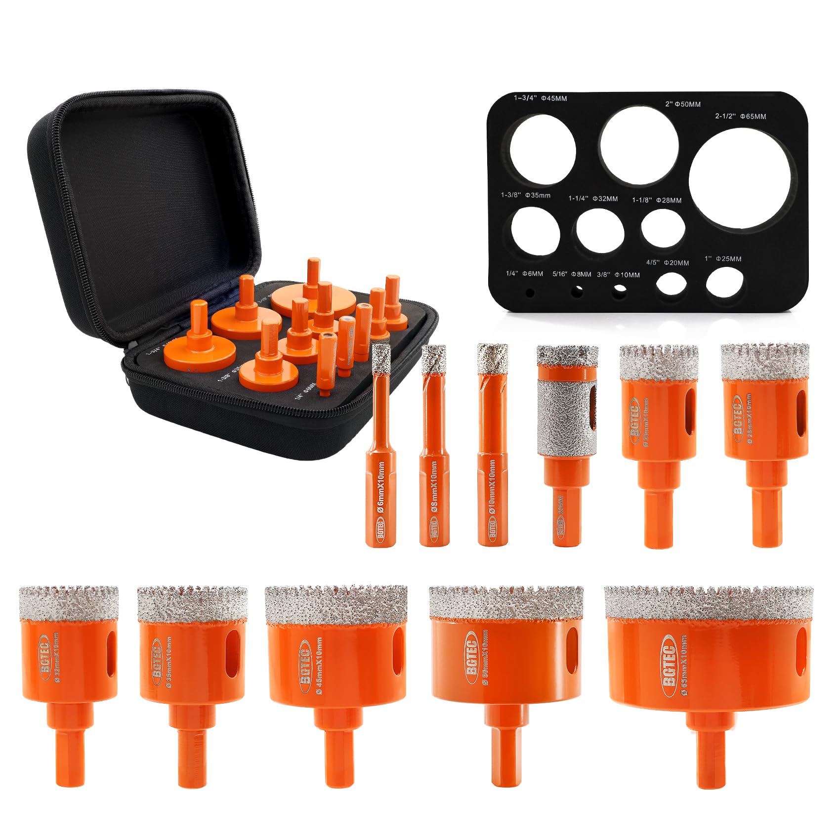 Diamond Core Drill Bit Kit BGTEC Diamond Hole Saw Tile Cutter,Triangle Shank 10pcs 6/8/10/25/28/32/35/45/50/65mm Drill Bits+1pc 20mm Drilling Finger Bit — image 1