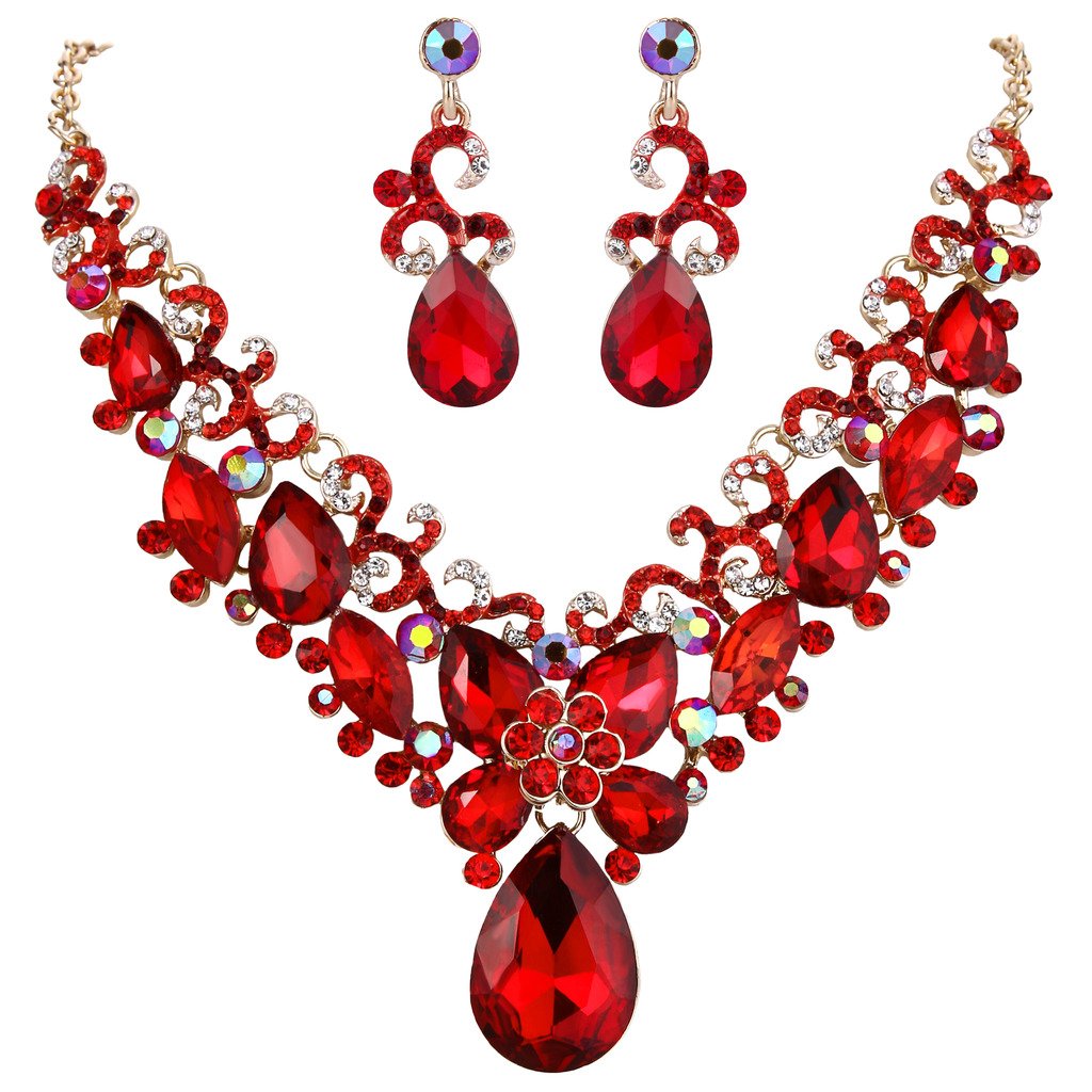 Clearine Women's Bohemian Boho Teardrop Marquise Butterfly Filigree Statement Necklace Dangle Earrings Set Ruby Color Gold-Tone