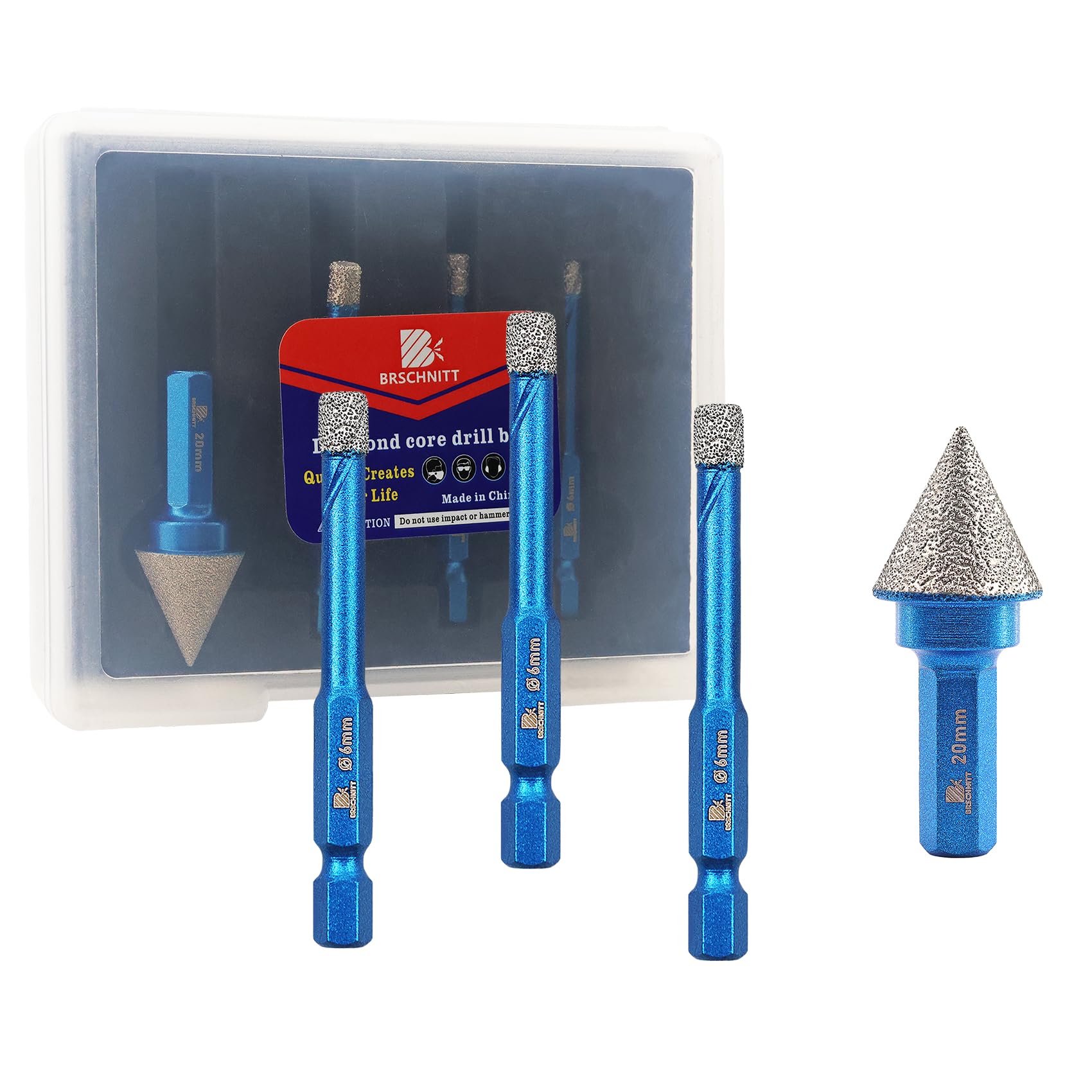 BRSCHNITT Diamond Drill Bit Set 3pcs 6mm Tile Hole Saw and 4/5" Diamond Chamfer Bit for Porcelain Tile Ceramic Stone Granite Marble,Hex Shank