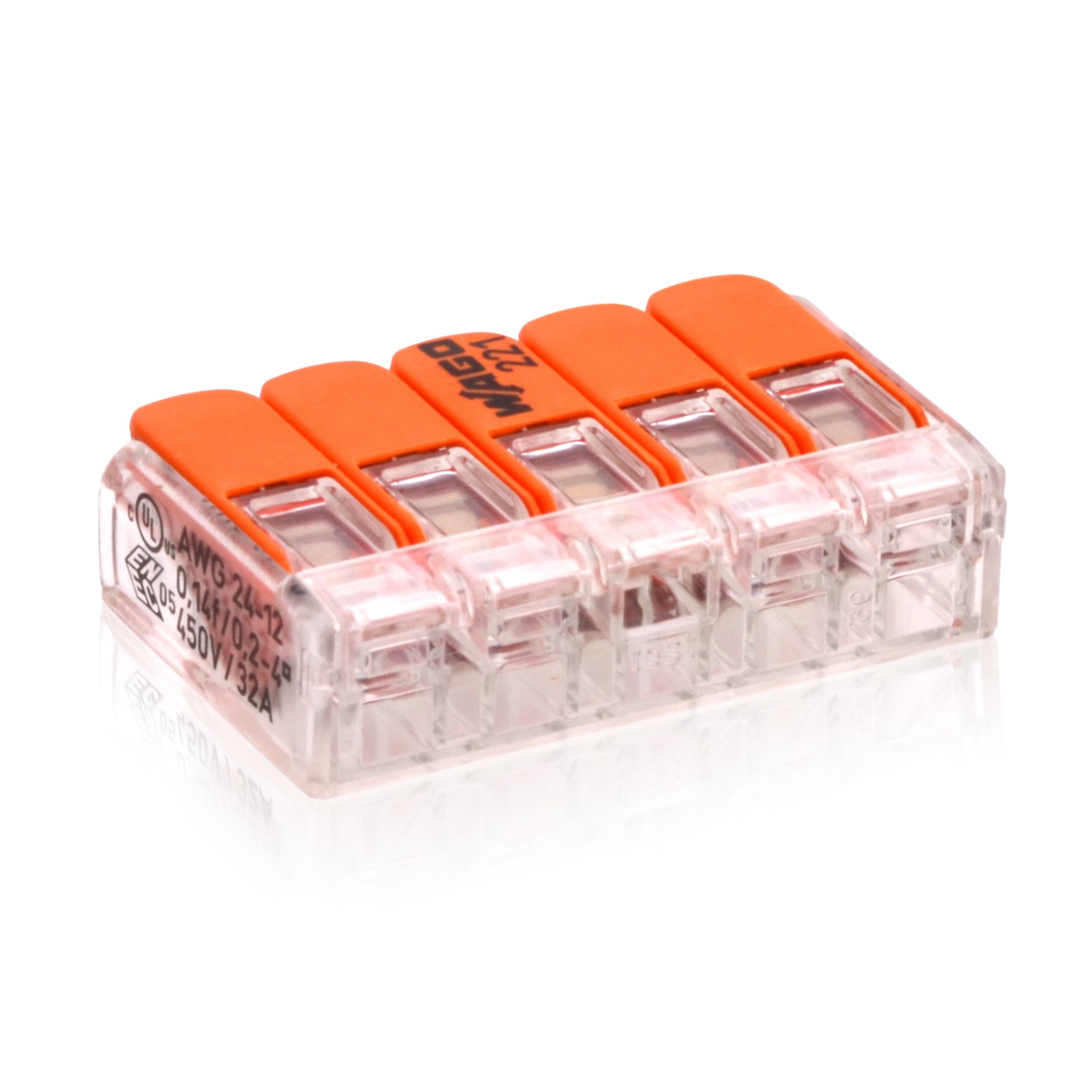 WAGO 221 Stainless Steel 5-Way Terminal Block, 32 A, 450 V, Orange, Transparent Housing, Pack of 50