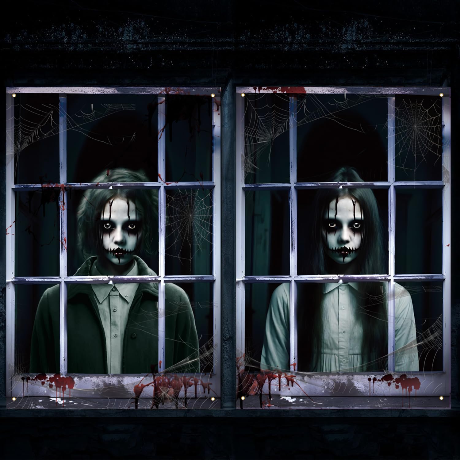 Photo 1 of 2 Pcs Polyester Window Cover - Scary Halloween Window Decorations Horror Halloween Theme Window Poster for Indoor Outdoor Decor, 32x47 inch