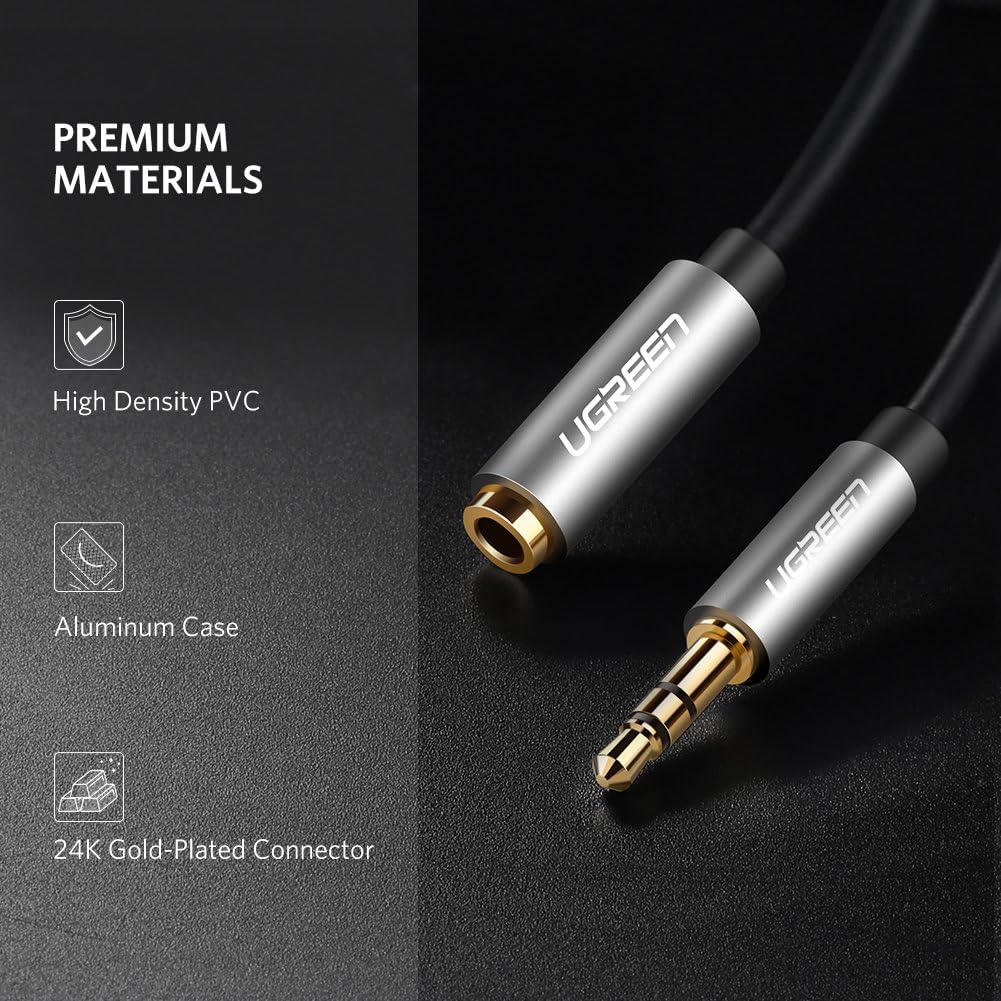 UGREEN 3.5mm Male to Female Extension Stereo Audio Extension Cable Adapter Gold Plated Compatible for iPhone, iPad, Smartphones, Tablets, Media Players Black PVC (3FT)