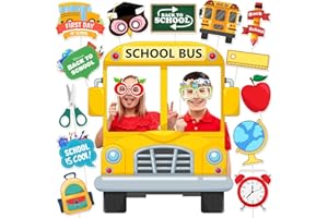SUONENGONGYI Back to School Photo Booth Props, 16Pcs Back to School Decorations with First Day of School Bus Photo Booth Frame for Welcome Back to School Themed Decorations, Back to School Party Supplies