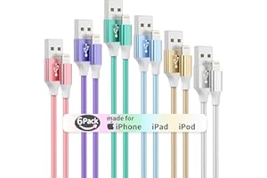 iPhone Charger Cord 6Pack Multicolor Lightning Cable 3/3/3/6/6/10ft Apple Charger Mfi Certified Nylon Braided Fast Charging C