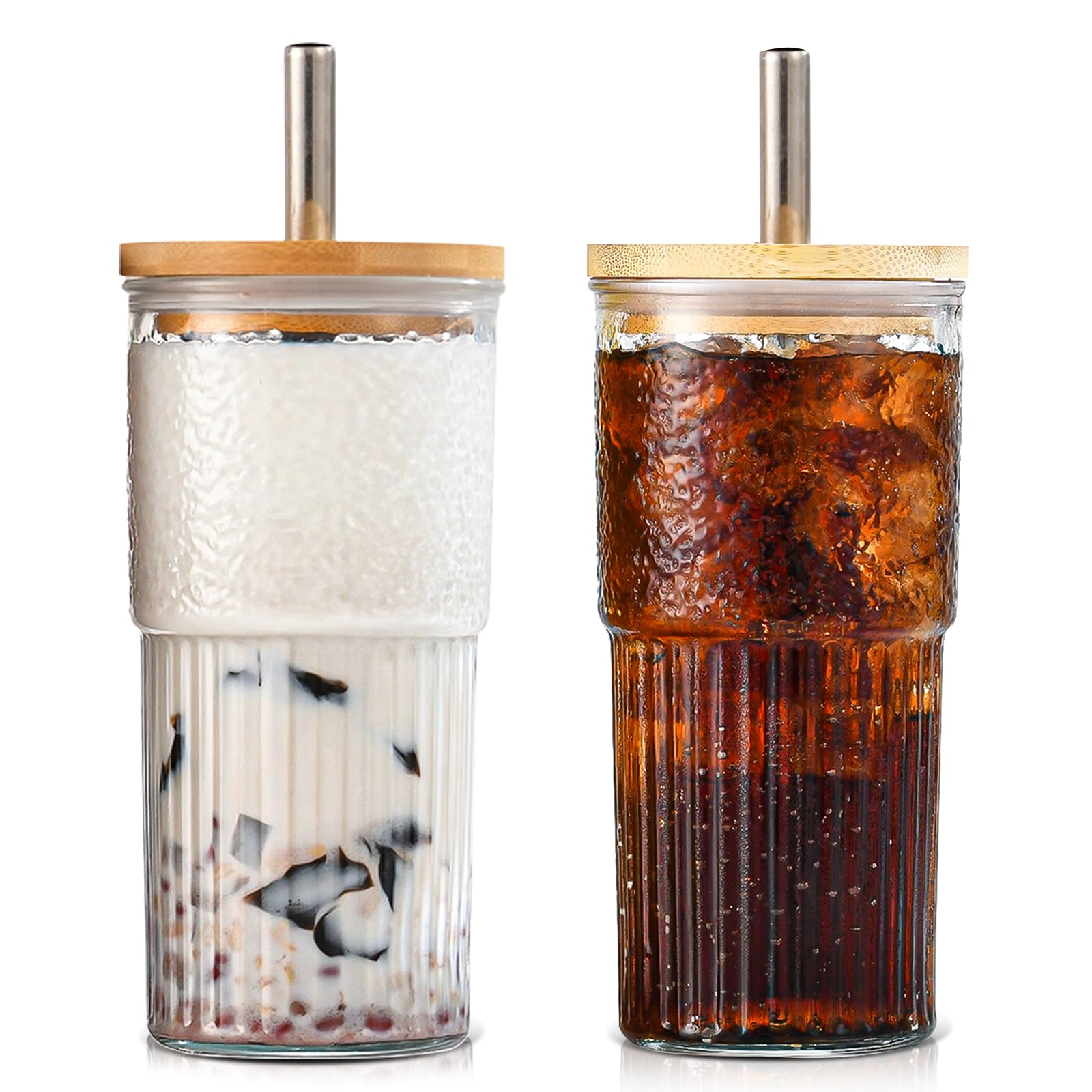 sweet grain Glass Cups with Lids and Straws, 20 oz 600 ml Iced Coffee Cup 2 Pack, Mason Jar Drinking Glasses for Iced Coffee, Boba Cup,Juice, Soda, Drinks