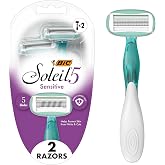 BIC Soleil 5 Sensitive Womens Disposable Shaving Razors, 2 Count, 5 Blades | 360 Degree Moisture Strips for Enhanced Glide, Pivoting Head with Anti-Slip Handle, Comfort Shield Enriched with Aloe