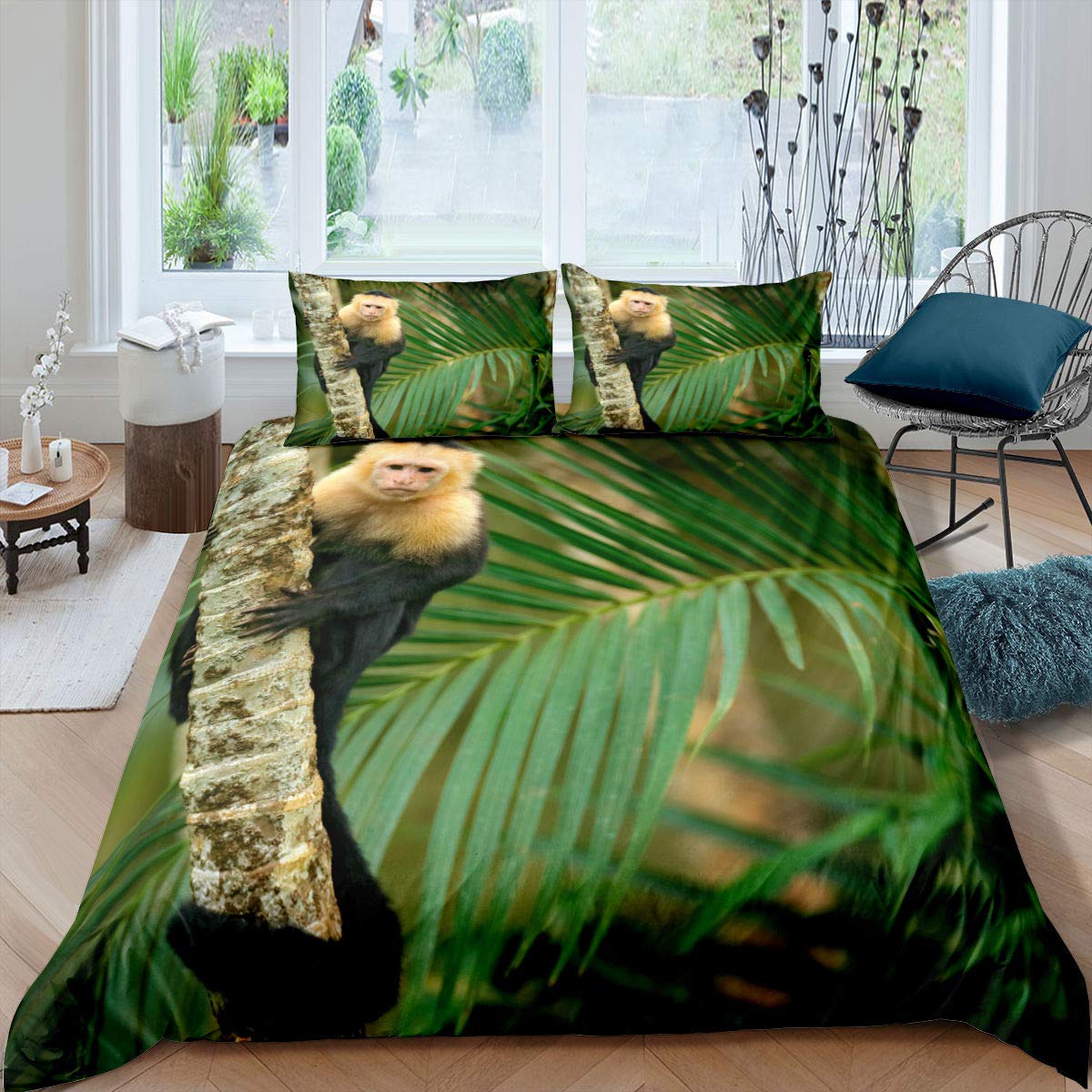 Tbrand Monkey Vivid Bedding Set for Kids Children Single Green Cannabis sativa Comforter Cover Kids Children Monkey Animal Duvet Cover Cute primates Animals Bedspread Cover 2pcs Quilt Cover