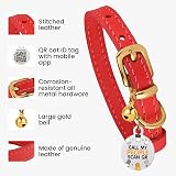 BRONZEDOG Leather Cat Collar with QR Tag Kitten Bell Red Gold 18-22 cm view 2
