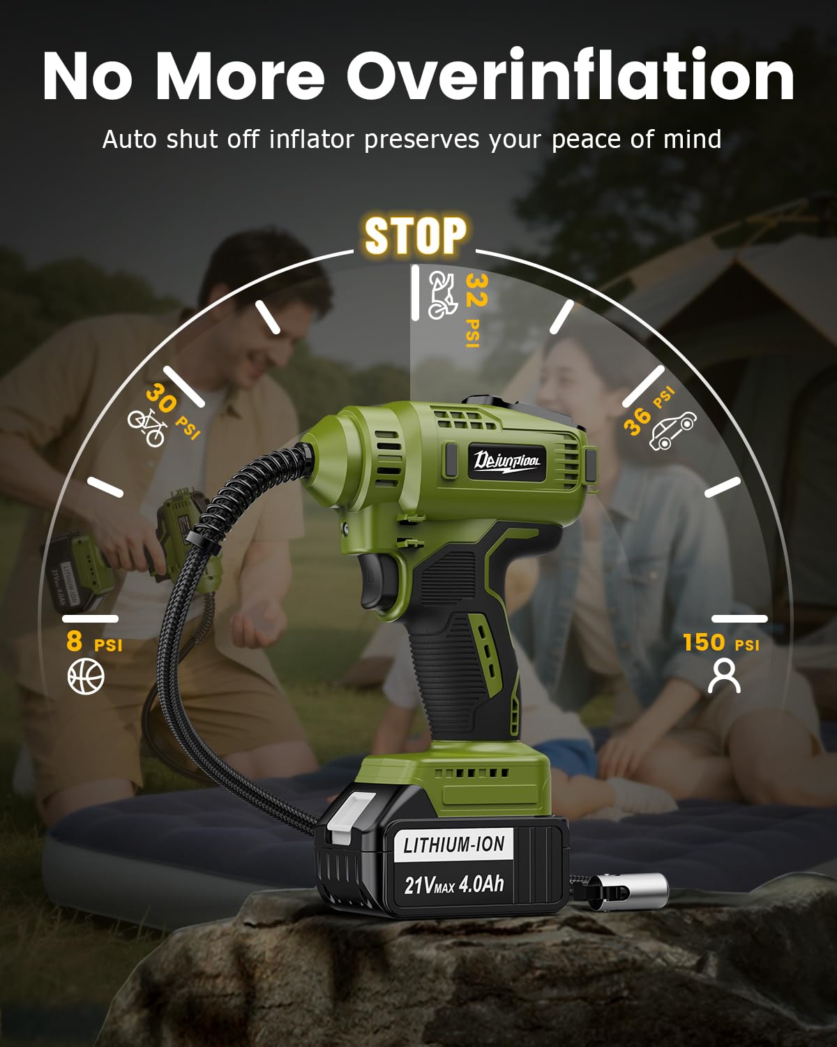 Portable Tire Inflator for Car with 2x4000Mah 21V Batteries, Runs Quiet, Auto Off, Fast Powerful Cordless Battery Powered Air Pump Compressor, Max 150Psi w/Accurate Digital Pressure Gauge