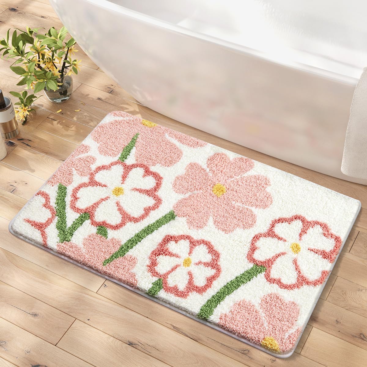 Photo 1 of Floral Bathroom Mat Super Absorbent Cute Rug Non Slip Carpet Machine Washable Bath Tub Rug Soft Fluffy Carpet for Dining Room, Bedroom and Entrance Door (23"x16", Pink Flowers)