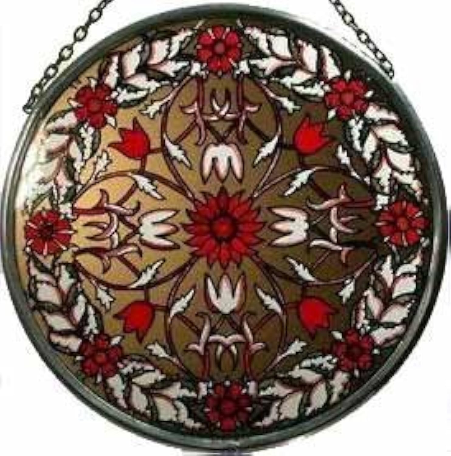Decorative Hand Painted Stained Glass Window Sun Catcher/Roundel in a Golden Red Garland William Morris Design.