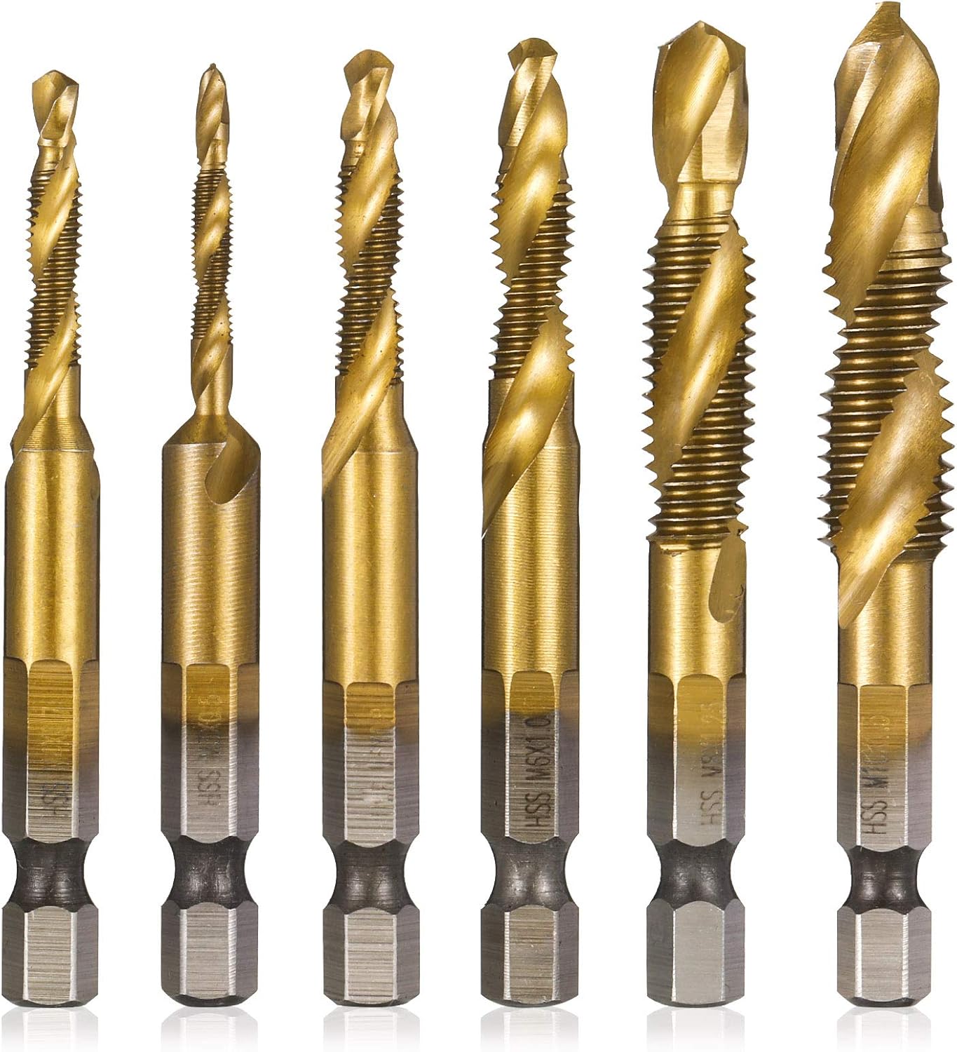 Girls'Love Talk 6PCS Thread Tap Drill Bit Set Hand Tap Hex Shank Drill Titanium Coated HSS Drill and Tap Bits 1/4" Hex Shank Screw Spiral Point Metric M3-M10 Hand Tools