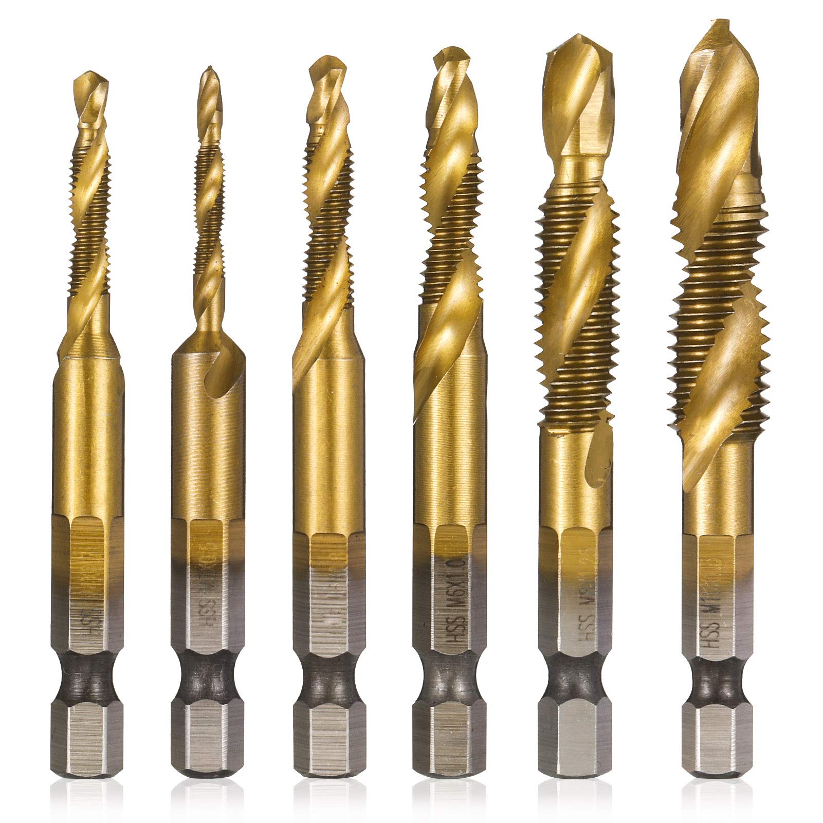 Girls'Love Talk 6PCS Thread Tap Drill Bit Set Hand Tap Hex Shank Drill Titanium Coated HSS Drill and Tap Bits 1/4" Hex Shank Screw Spiral Point Metric M3-M10 Hand Tools