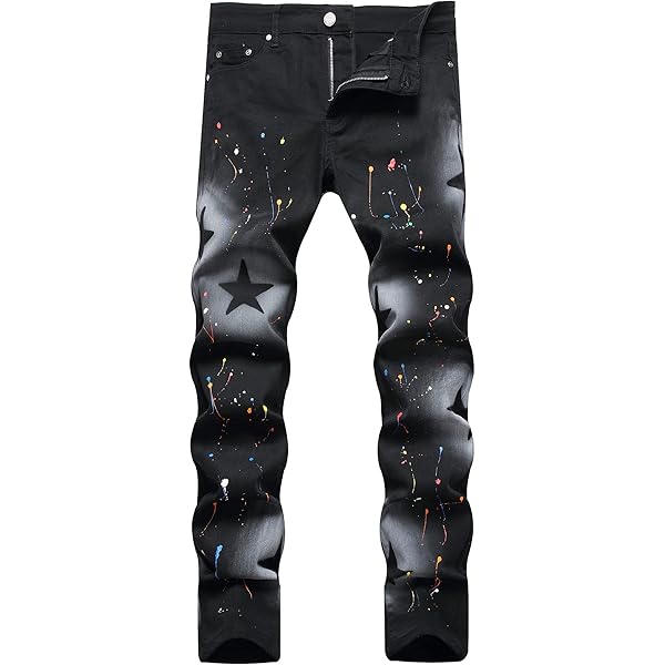 s*様 SPLASH PAINT STRETCH PANTS - BLACK GINZOUS Men Star Painted Black Stretch Denim Slim Straight