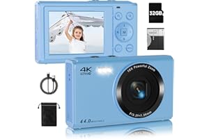 SMARTKLIK Upgrade Digital Camera, FHD 4K 44MP Autofocus Digital Point and Shoot YouTube Camera with 16X Zoom, 32GB SD Card, Compact Digital Camera Cheap for Teens Boys Girls Kids Blue Camera