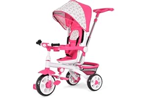 HONEY JOY Tricycle, 5 in 1 Baby Stroller Trike w/Adjustable Push Handle & Canopy, Storage Basket, Detachable Guardrail, Safety Harness, Kids Tricycle for Toddlers Boy Girl Ages 10 Months-5 Years(Pink)