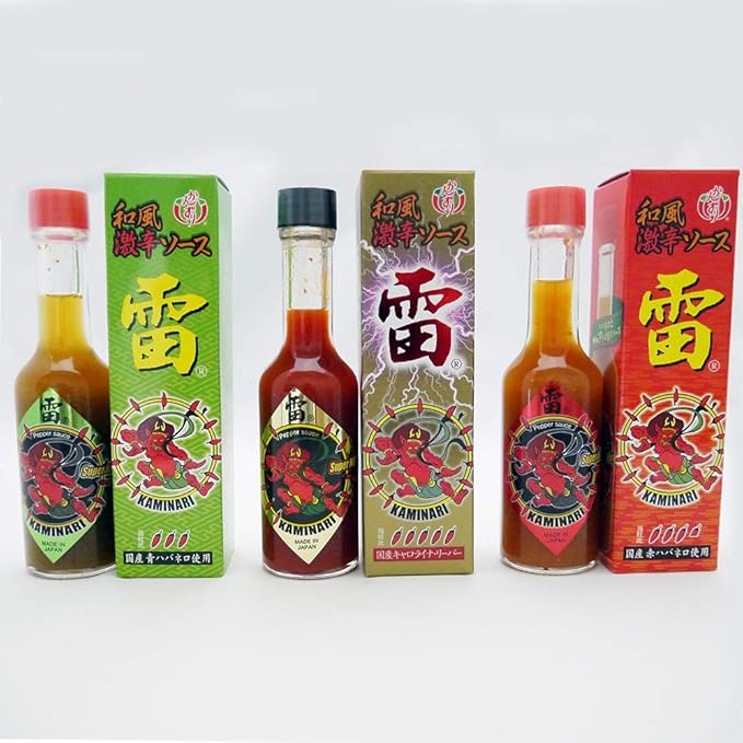 Amazon 和風激辛ソース 雷 金 赤 青 3本セット 60ml 3本 デスソース ハバネロ キャロライナ リーパー かんずり 株式会社 小竹食品 ホットソース チリソース 通販
