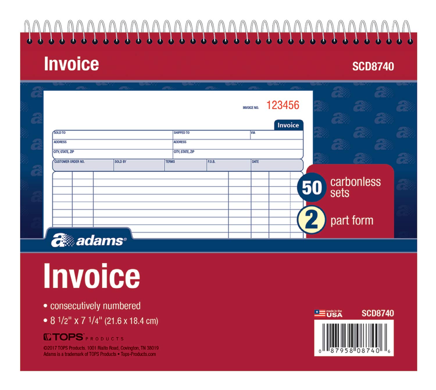 Adams Spiral Invoice Book, 8 1/2 x 7 1/4 Inches, 2-Part, Carbonless, White/Canary, 50 Sets per Book (SCD8740)