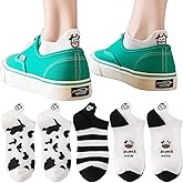 Mokde Mondge 5 Pairs Cute Cow Embroidery Cotton Socks for Women - Black White Short Casual Ankle Socks
