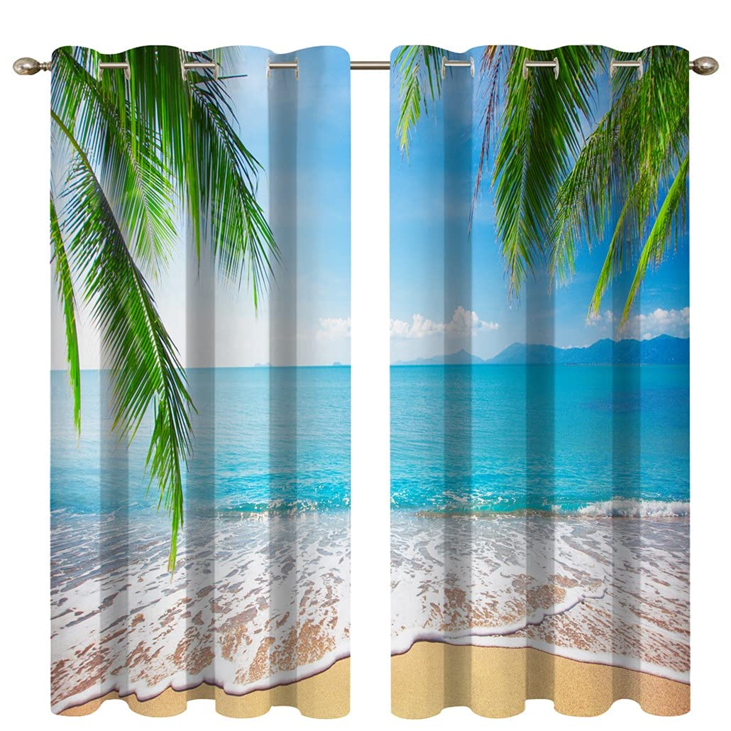 goodbath Beach Curtains, Tropical Palm Ocean Sea Blackout Curtains for Bedroom Living Room Nursery,2 Panels, 46" x 54"(117x138cm) Drop