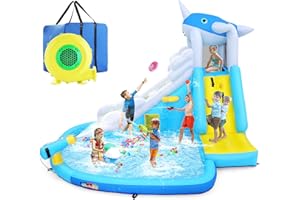 ROOJER Inflatable Water Slide Park for Kids Backyard 12-in-1 Blow Up Narwhal Spray Slide with 480W Blower, Splash Pool, Climbing Wall, Water Cannon, Basketball Hoop for Summer Outdoor Play Party Gift