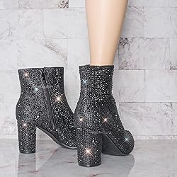 Women Rhinestone Block Chunky Heel Ankle Bootie
