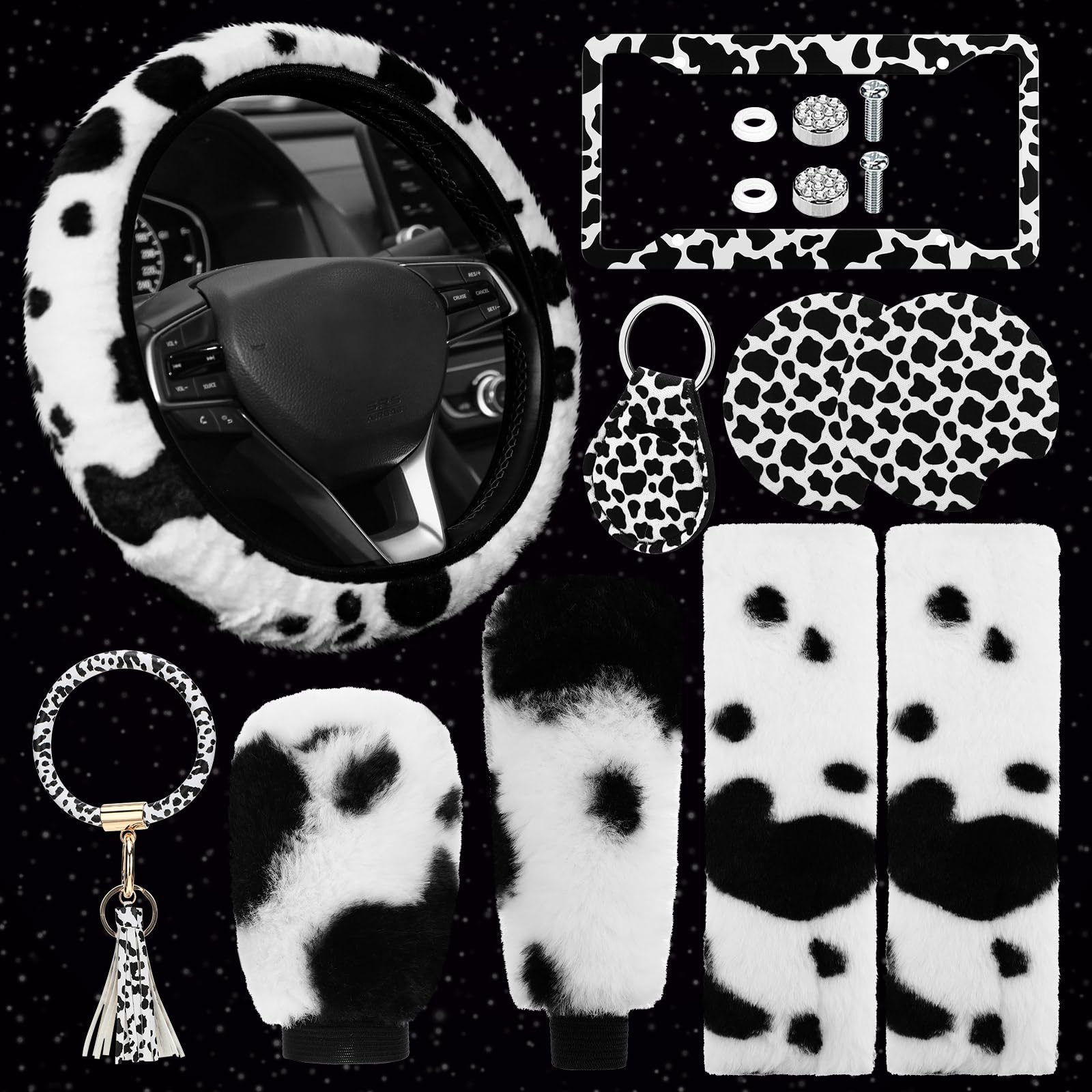Photo 1 of 10 Pieces Cow Print Car Accessories Set Cow Fluffy Plush Steering Wheel Cover Shift Cover Handbrake Pad Cup Seat Belt Pad Bracelet Key Chain License Ornament for Women Car Interior(Black)