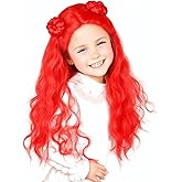Askuang Long Wavy Red Wig for Cosplay Red Costume Wig with 2 Buns for Halloween Party Wig (Small Size)