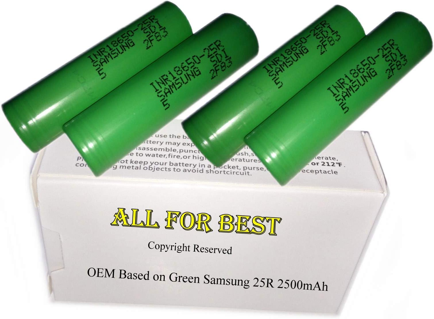 4 Pack of Authentic 25R, 2500mAh 3.7V 20A, Flat Top, 18650-Battery, for Flashlight