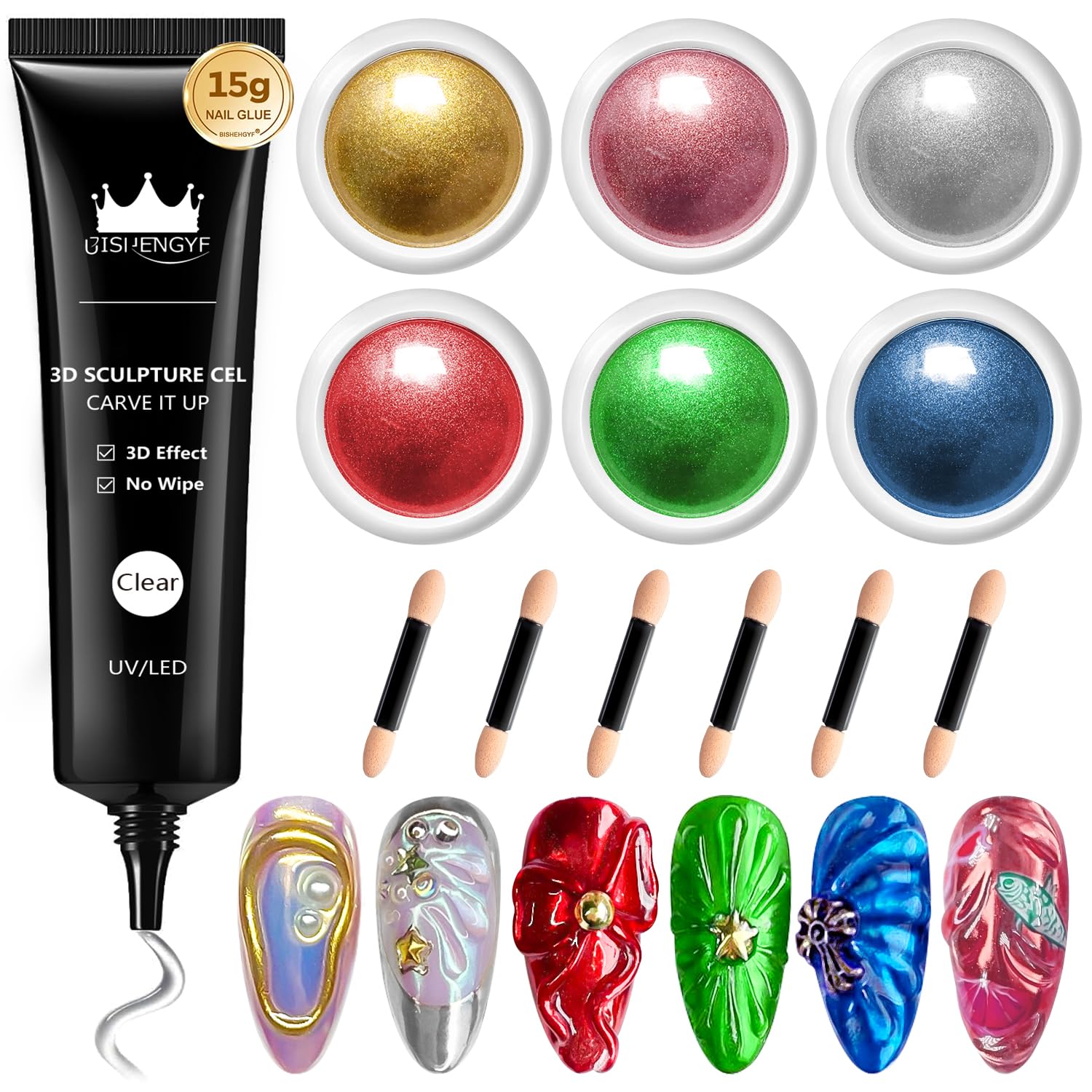 BISHENGYF No Wipe 3D Sculpting Nail Gel: Clear Rhinestone 3D Nail Gel and Gold Silver Pink Chrome Nail Powder,Red Green Painting Carved Gel Nail Polish Nail molding Gel Nail