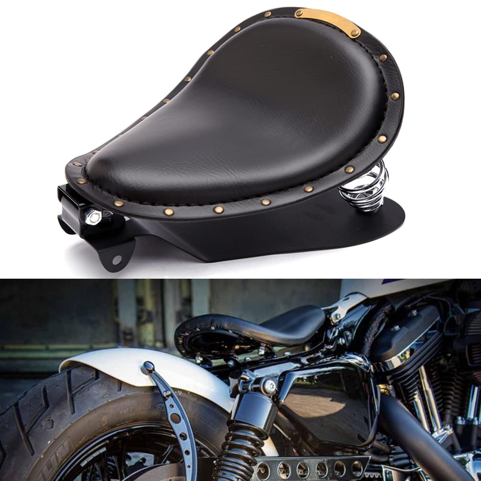 Motorcycle Leather Solo Seat, Motorcycle Seat With Spring Bracket Base for Bobber Sportster XL1200 883 48 Dyna Softail Cross Bones(Black)