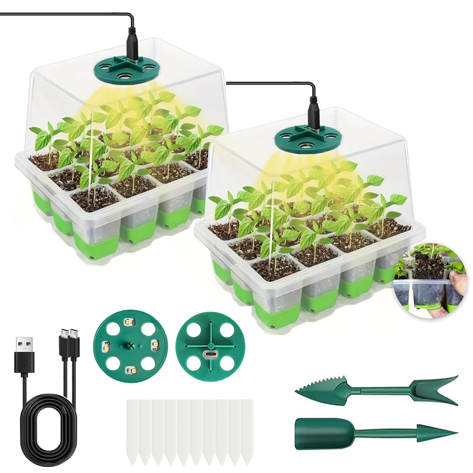 VDYXEW Seed Trays Seedling Starter Tray (12 Cells per Tray), Humidity Adjustable Plant Germination Kit Mini Propagator Greenhouse with Dome and Base Plant Tags Hand Tool Kit (Transparent)