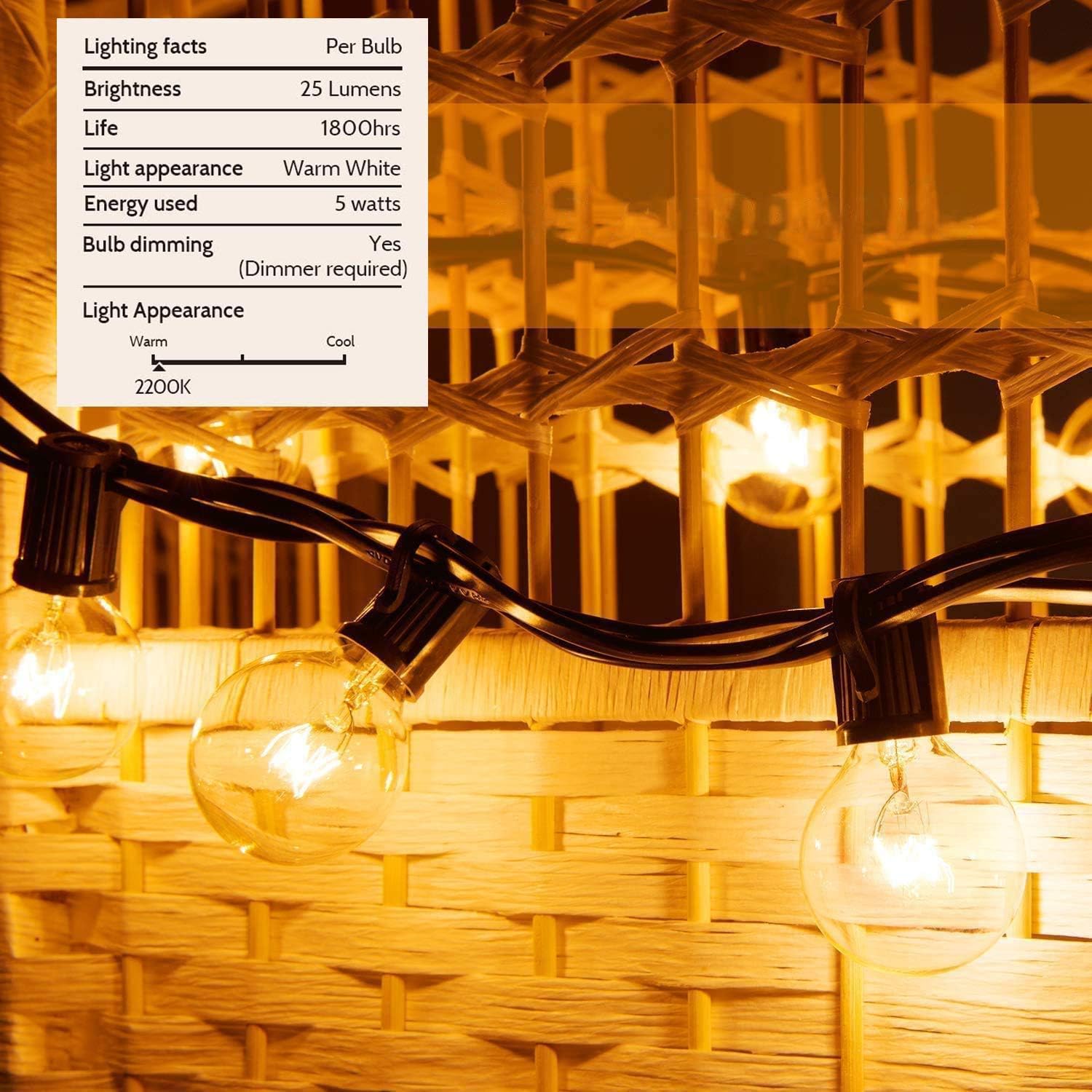 Outdoor String Lights, Yuusei 100Ft G40 Patio Lights with 55 5W Clear Globe Bulbs (5 Spare), IP44 Waterproof Backyard String Light with E12 Socket Base, for Balcony Porch Deck, UL Listed - - 