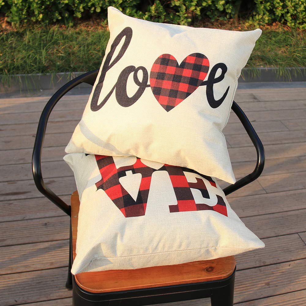 YEVIOR 4er Set Kissenbezug Weihnachten Valentinstag Liebhaberserie, Buffalo Plaid Dekorative 45 x 45 cm, Dekokissen Zierkissenbezüge für Wohnzimmer Schlafzimmer Dekor, Rot Schwarz Kariert,Leinen