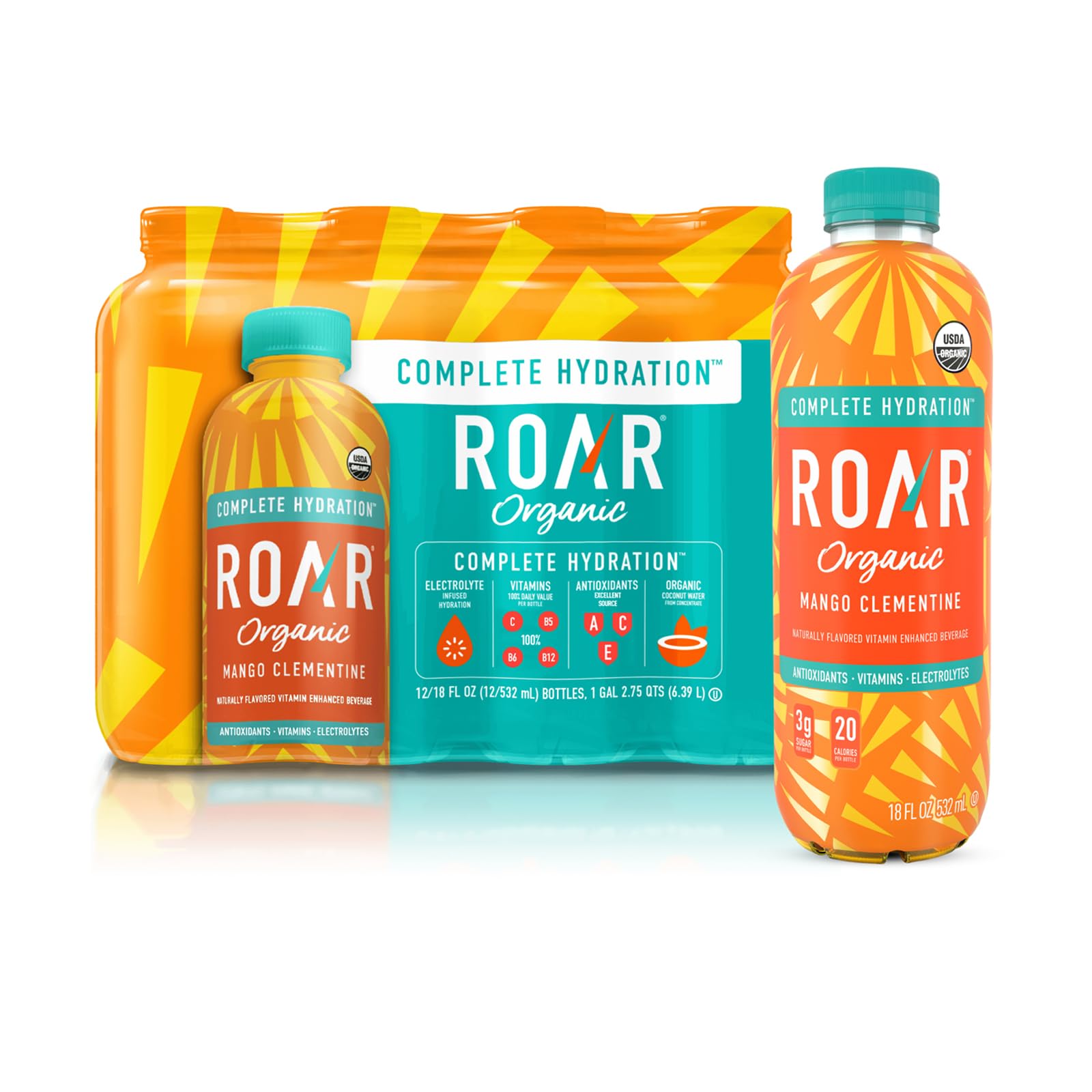 Photo 1 of Roar Organic Electrolyte Infusions - USDA Organic - Mango Clementine - with Antioxidants, B Vitamins, Low-Calorie, Low-Sugar, Low-Carb, Coconut Water Infused Beverage 18 Fl Oz (Pack of 12)
