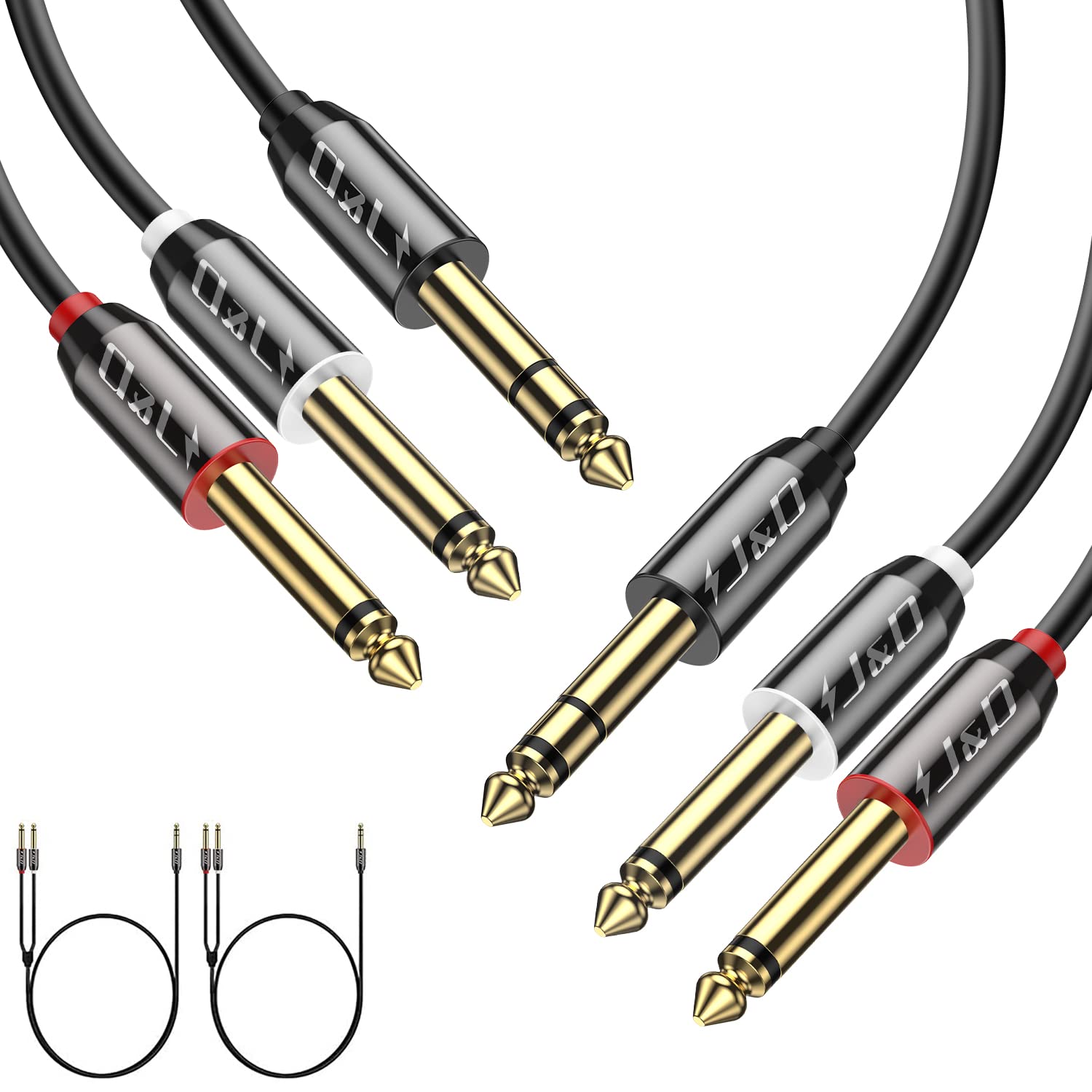 J&D 1/4 inch TRS Stereo Y Splitter Insert Audio Cable, (2 Pack) Gold Plated Copper Shell 6.35mm TRS Male to Dual 6.35mm TS Male Mono Breakout Cable for Amplifier, Recording Equipment, Speaker, 15 Feet