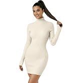 v28 Women Turtleneck Long Sleeve Bodycon Fall Winter Mini Slim Knit Sweater Dress