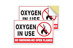 RELUEN 2Pcs Oxygen in Use Sign Self Adhesive Vinyl - No Smoking Area Oxygen 4 Mil Vinyl Decal Indoor Outdoor Office - 3" X 5" No Open Flame Sticker No Smoking Sign Sticker