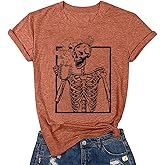Hot Coffee Skeleton Shirt Women Halloween Skeleton Tshirt Funny Skull Graphic Tees Casual Fall Short Sleeve Tops