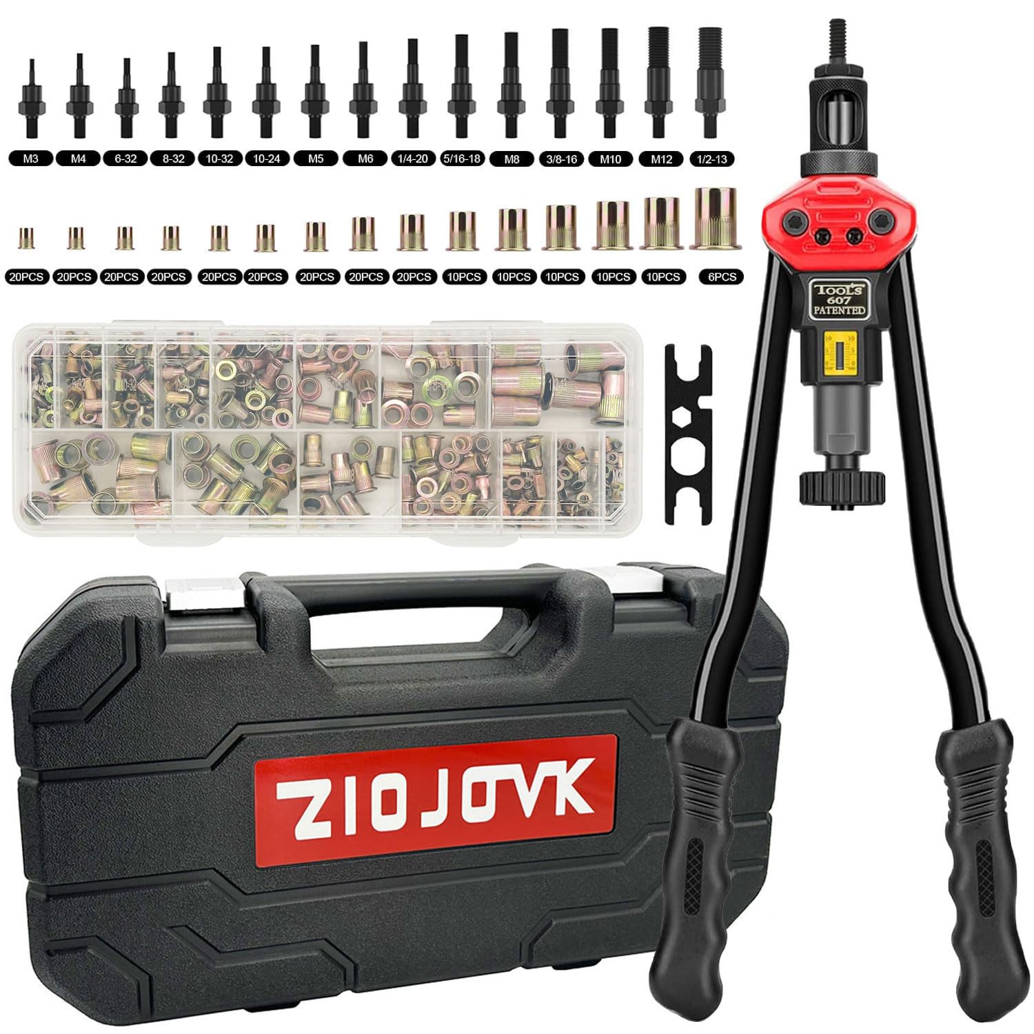 Photo 1 of ZIOJOVK 16-Inch Rivet Nut Tool Rivet Nut Kit, with15 Metric and SAE Mandrels, 236Pcs Assorted Rivet Nuts, and Rugged Carrying Case