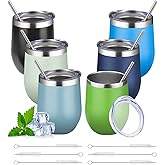 12oz Stemless Wine Tumbler with Lid Double Wall Insulated Wine Cup Stainless Steel Glasses Tumbler with Straw Insulated cocktail Tumbler Coffee Mug for Hot and Cold Beverages (Multicolor-10,6Pack)