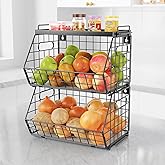 CHLORYARD 3-Tier Stackable Fruit Basket Kitchen Potato Onion Storage Wire Baskets with Tray Top, Wall-mounted & Countertop Tiered Pantry Organizer for Snack, Fruit and Vegeatble Storage