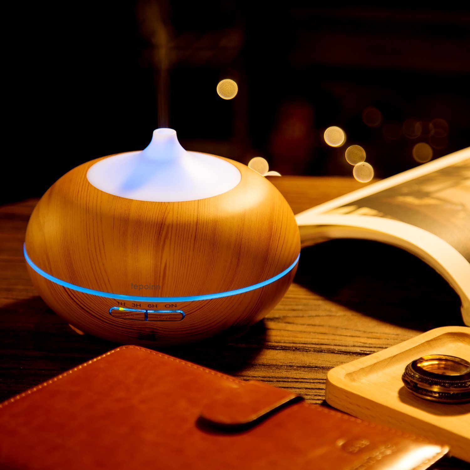 Tepoinn Aroma Diffuser, 300ml Holzmaserung Luftbefeuchter Ultraschall LED Ätherische Öle Humidifier Aromatherapie Diffusor mit farbenwechselnde LED Licht