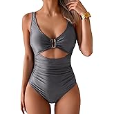 Eomenie Women's One Piece Swimsuit Tummy Control Ruched Bathing Suit Cutout V Neck Swimwear High Cut Tie Back Swim Suit