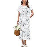 Ekouaer Cotton Nightgowns for Women Long Night Gown Short Sleeve Sleepdress Victorian Sleepwear Nightdress with Pockets