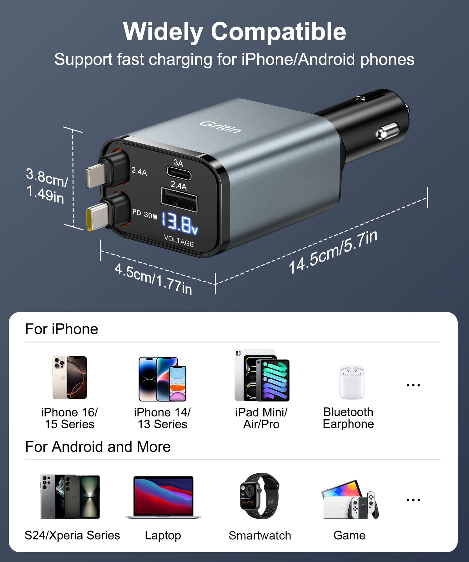 Gritin Retractable Car Charger, 69W Super Fast 4 in 1 USB C Car Charger Adapter with Smart Device-Adaptive Charging Technology&Instant Voltage Display, Accessories for iPhone17 16 Pro Max,iPad,Android